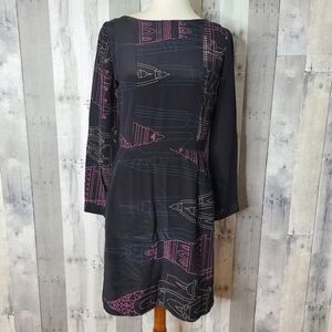 Bhoomki Size 8 Black Printed Long Sleeve Silk Dress